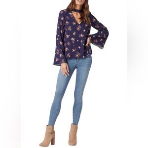 Floral Bell Sleeve V-Neck Choker Blouse Back Keyhole Top